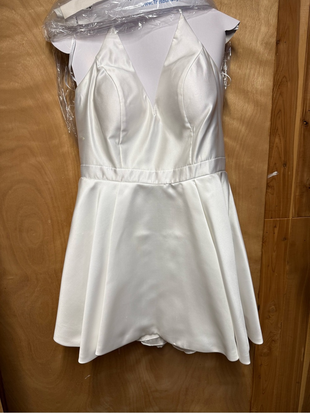 JVN by Jovani White Satin V-Neck Mini Dress